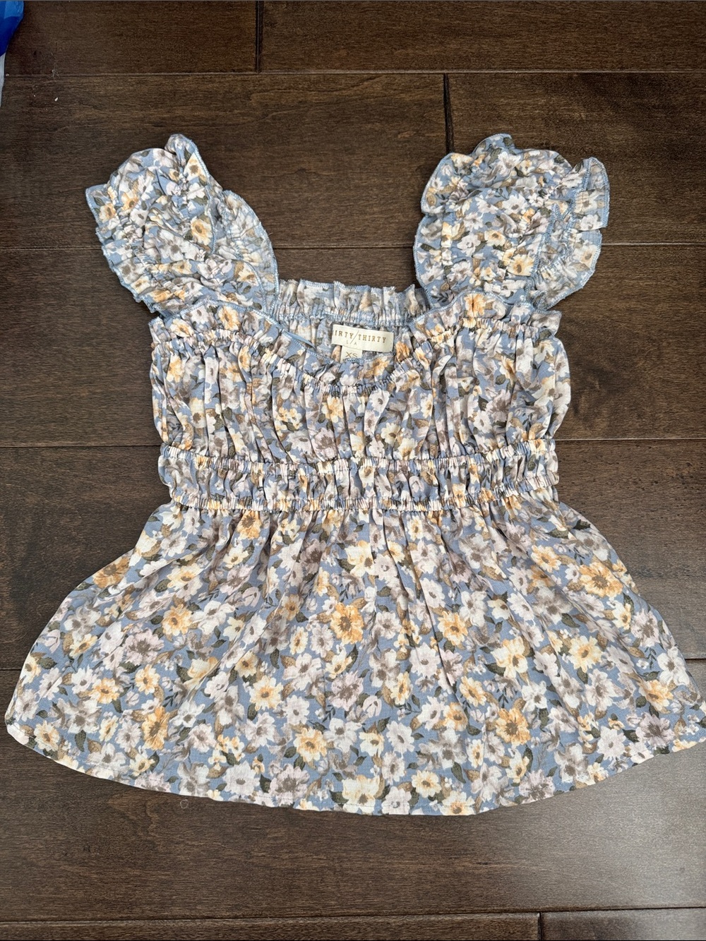 Thirty Thirty Smocked Floral Peplum Top in Blue Yellow and Tan Size XS
